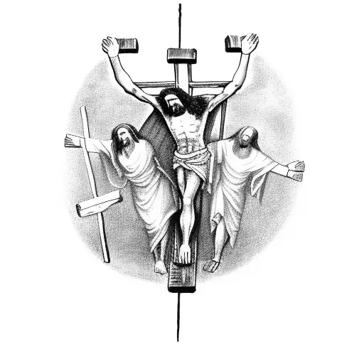 crucifixion of Christ on a cross with demons coming out of the ground reaching for his feet  tattoo design idea