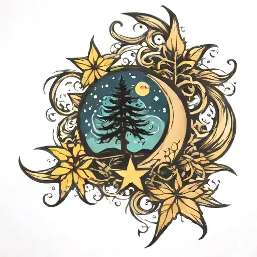 halfmoon pinetree stars tattoo design idea