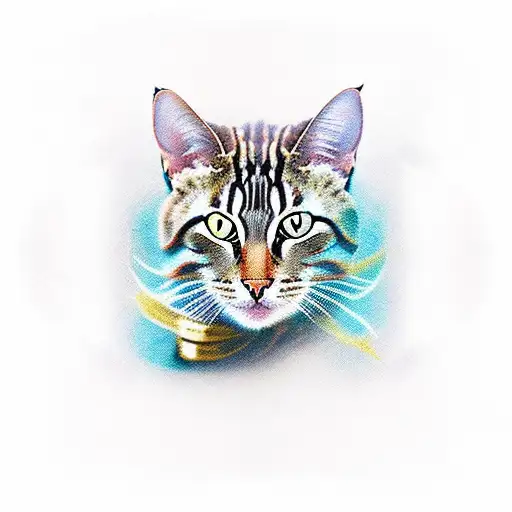 striped cat without left eye designed in a pictorial portrait like an warrior boss in an golden frame tattoo design idea