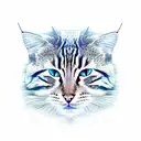 striped cat without left eye designed in a pictorial portrait like an warrior boss in an golden frame tattoo design idea