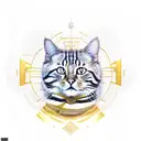 striped cat without left eye designed in a pictorial portrait like an warrior boss in an golden frame tattoo design idea