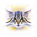 striped cat without left eye designed in a pictorial portrait like an warrior boss in an golden frame tattoo design idea
