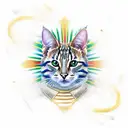 striped cat without left eye designed in a pictorial portrait like an warrior boss in an golden frame tattoo design idea