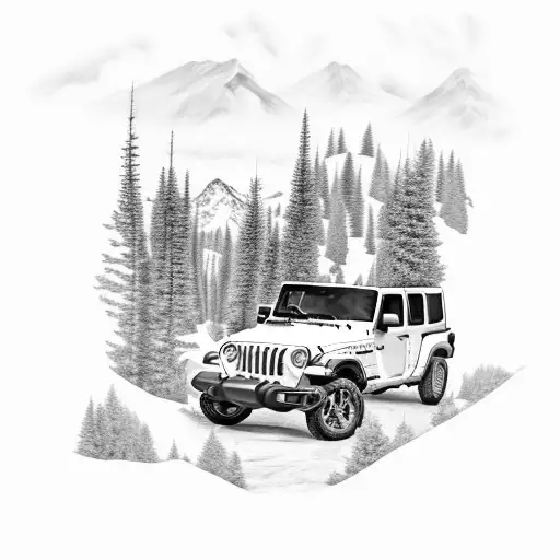 jeep gladiator in wilderness with pine trees and mountains tattoo design idea