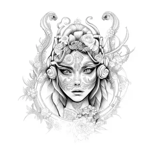 A detailed sketch of a beautiful siren with intricate floral patterns tattoo design idea