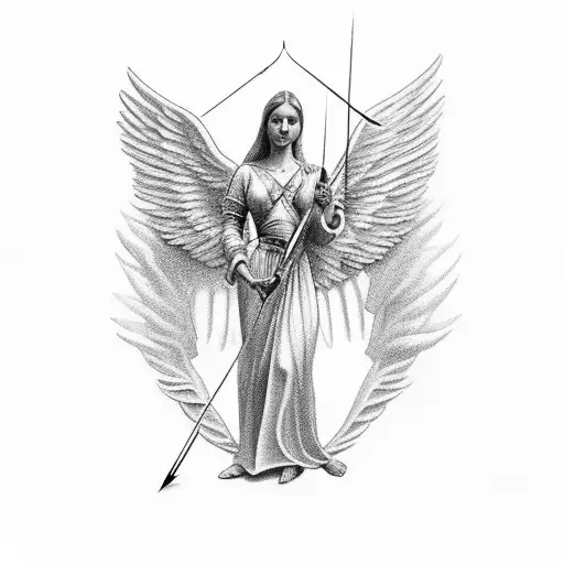 an angel shooting a bow and arrow towards something, Roman numerals, inner bicep tattoo on left bicep, aesthetic  tattoo design idea