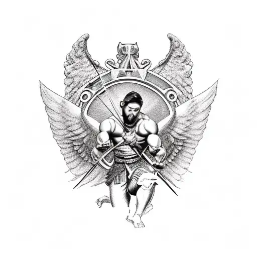 a manly strong angel shooting a bow and arrow towards something, Roman numerals, inner bicep tattoo, aesthetic, tattoo design idea