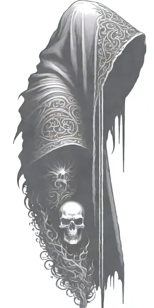hooded reaper silohuette, smoke, fire, scary, bat wings tattoo design idea
