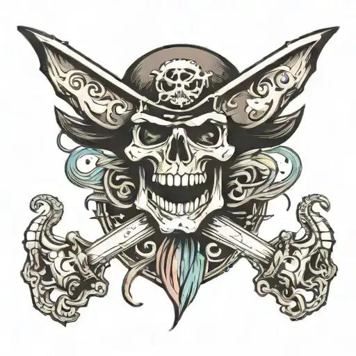 pirate skull with medallion coming out of its mouth  tattoo design idea
