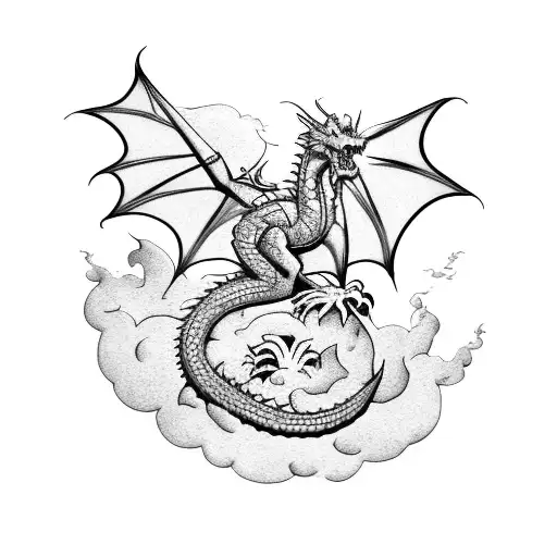 dragon with flowers and clouds tattoo design idea