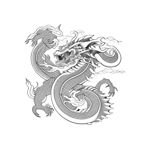 Japanese dragon with clouds and lotuses tattoo design idea