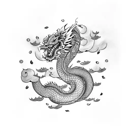 Japanese dragon with clouds and lotuses tattoo design idea