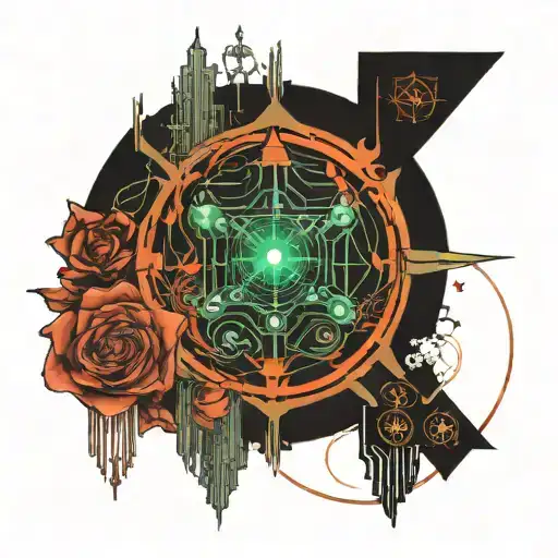 A tattoo design inspired by 'The Matrix', incorporating futuristic elements and a philosophical quote about reality and perception tattoo design idea