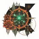 A tattoo design inspired by 'The Matrix', incorporating futuristic elements and a philosophical quote about reality and perception tattoo design idea