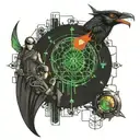 A tattoo design inspired by 'The Matrix', incorporating futuristic elements and a philosophical quote about reality and perception tattoo design idea