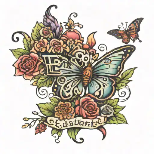horizontal tattoo with flowers, butterflies, and a "444" all around big texts saying "Elizabeth" tattoo design idea