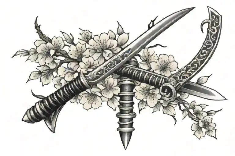 V shaped Katanas with cherry blossoms and branch tattoo design idea