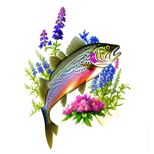 Rainbow trout with larkspur flowers and wildflowers tattoo design idea