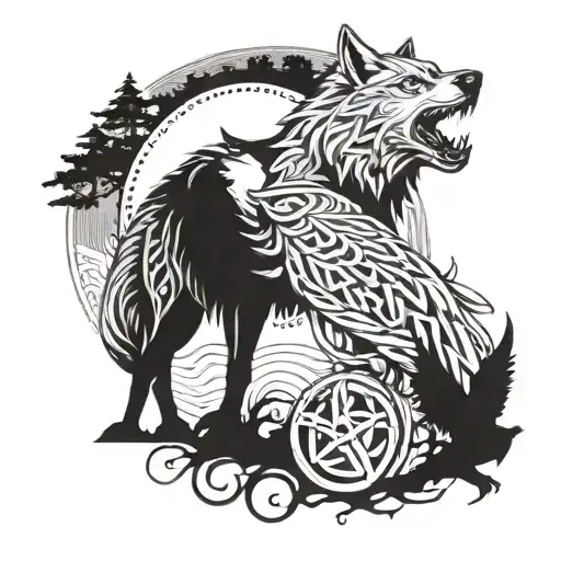 Outdoor scene with a Celtic wolf representing loyalty and a Nordic raven symbolizing wisdom tattoo design idea