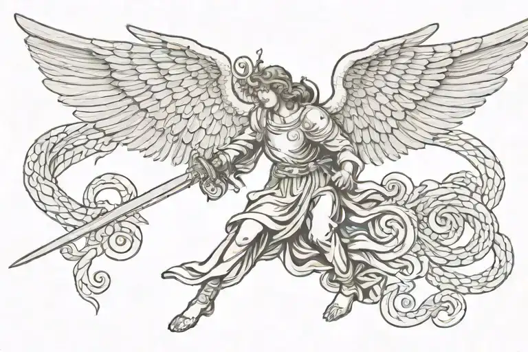 A guardian angel with wings holds a sword with which he pierces through, and the sword is twisted around a serpent tattoo design idea