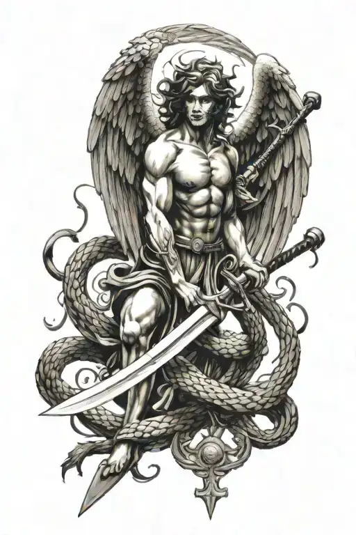 A guardian angel with wings holds a sword with which he pierces through, and the sword is twisted around a serpent tattoo design idea