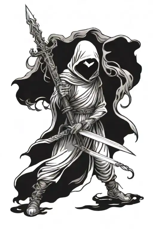 A hooded ghost angel without a face or wings, holding a sword lowered to the ground  tattoo design idea