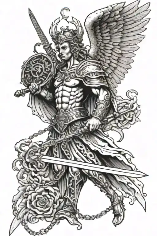 The guardian angel with wings holds a sword that pierces the chain on which he stands, and the sword is twisted by a sna tattoo design idea