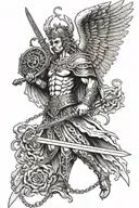 The guardian angel with wings holds a sword that pierces the chain on which he stands, and the sword is twisted by a sna tattoo design idea