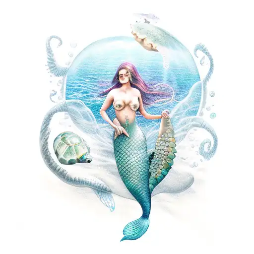 Mermaid, sea turtle, jellyfish, ocean  tattoo design idea