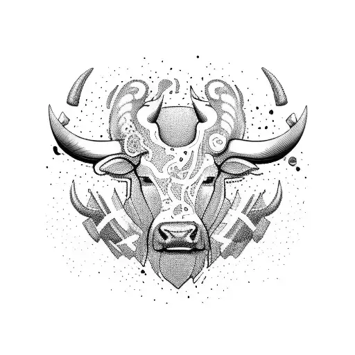 A blackwork tattoo of a bull charging through a vibrant abstract art composition, representing the powerful connection between art and strength tattoo design idea