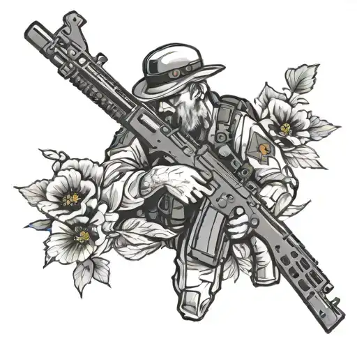 black and white canadian veteran of global war on terror with remembrance day poppies and a C8 carbine rifle  tattoo design idea
