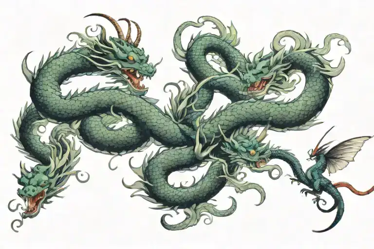 Shenron and Haku dragons in celestial scene on back flying towards space flower being pollinated by a butterfly tattoo design idea