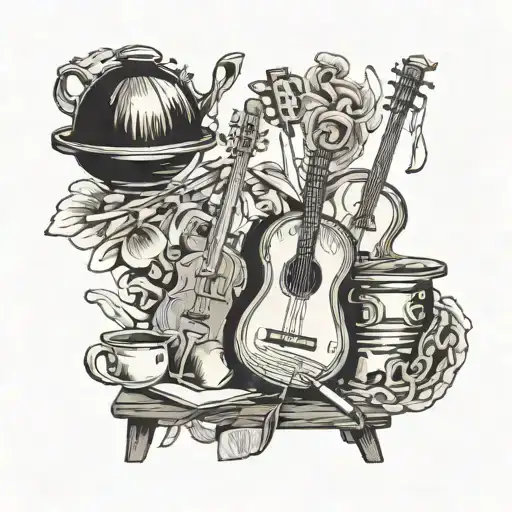 Collage of art easels, musical instruments, and cooking ingredients forming a cohesive composition tattoo design idea