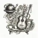 Collage of art easels, musical instruments, and cooking ingredients forming a cohesive composition tattoo design idea