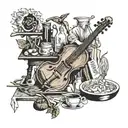 Collage of art easels, musical instruments, and cooking ingredients forming a cohesive composition tattoo design idea