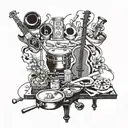 Collage of art easels, musical instruments, and cooking ingredients forming a cohesive composition tattoo design idea