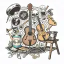 Collage of art easels, musical instruments, and cooking ingredients forming a cohesive composition tattoo design idea