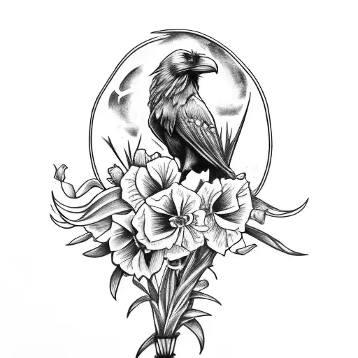 gladiolus flower, raven, sun, moon tattoo design idea