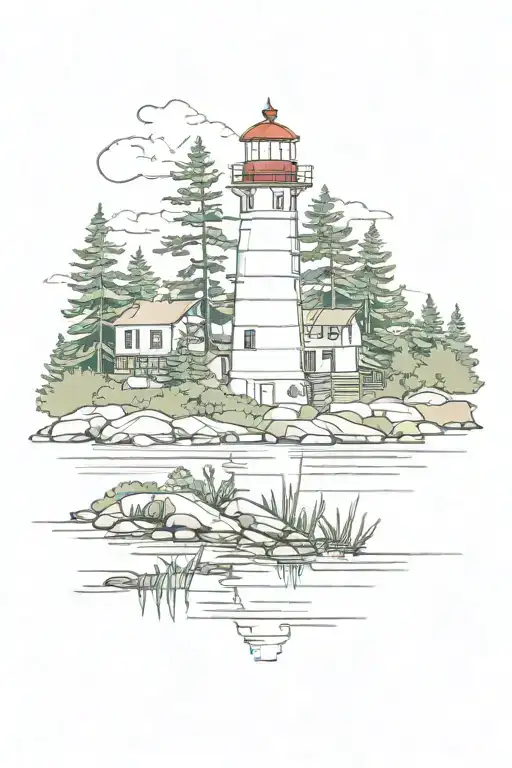 lighthouse, lobster, pine trees, water tattoo design idea