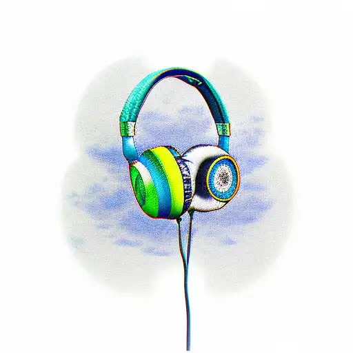 Realistic blue and green colored headphones with a small airplane charm hanging from them tattoo design idea