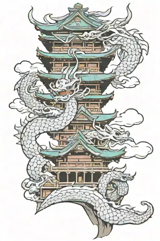 japan, ancient building, dragon around hand tattoo design idea