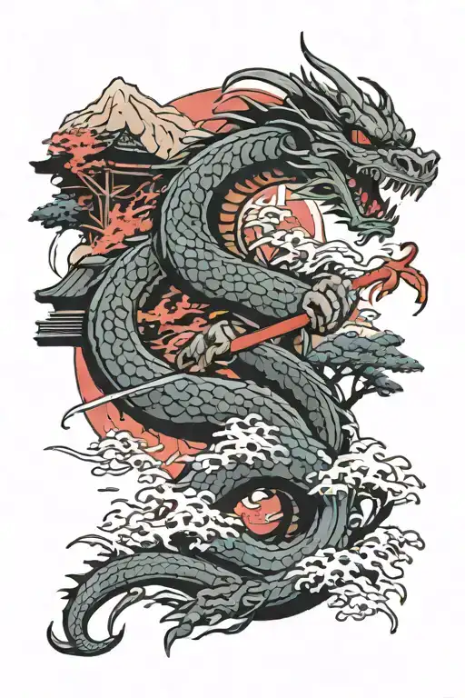 Japan, ancient buildings, trees and a dragon with a katana tattoo design idea