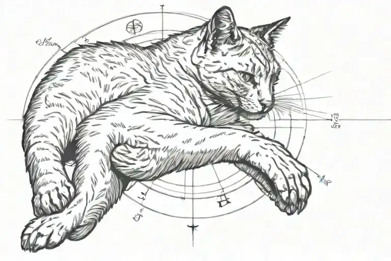 version of the creation of Adam with a cat's paw. shaded background. compass coordinates. tattoo design idea