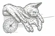version of the creation of Adam with a cat's paw. shaded background. compass coordinates. tattoo design idea