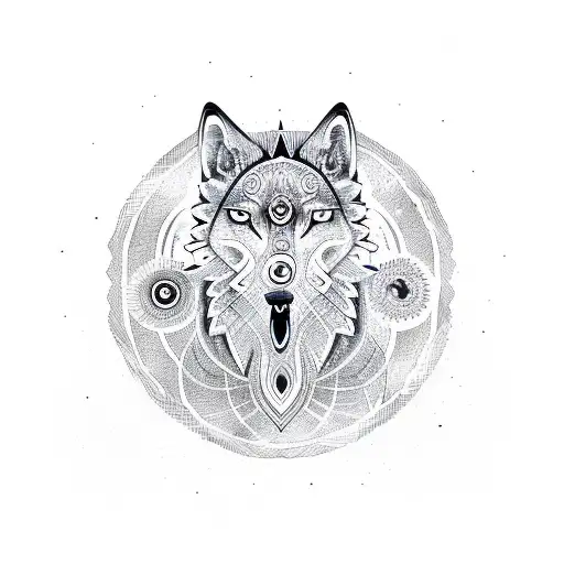 a tribal howling wolf for the shoulder surrounded by a circular aura of tribal designs tattoo design idea