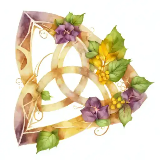 Triquetra of ivy with a raw amethyst , raw citrine quart, and a raw clear quarts tattoo design idea