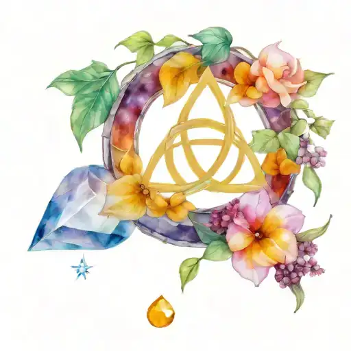 Triquetra is ivy with a raw amethyst stone, raw citrine quartz stone, and a raw clear quartz stone tattoo design idea