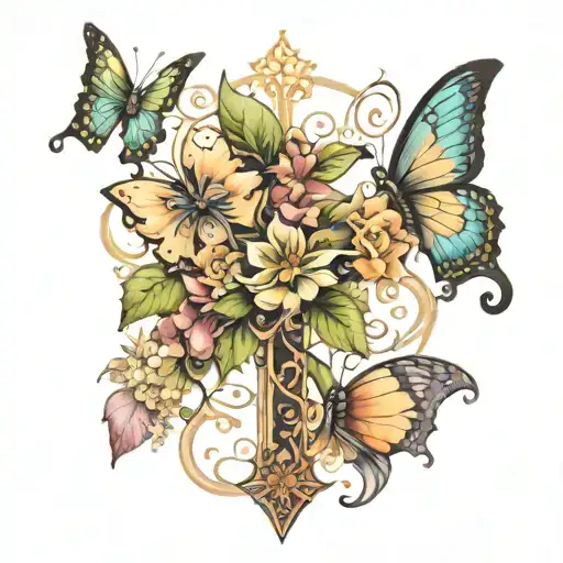 flowers  butterflies  fairies  cross  tattoo design idea