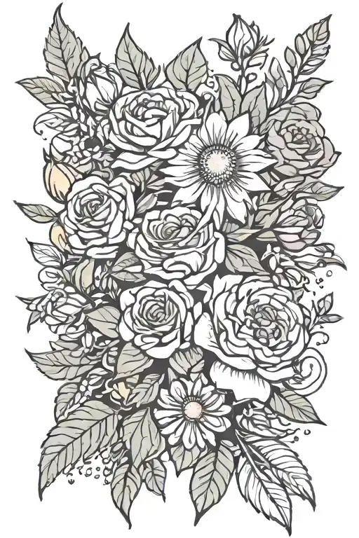 flower bouquet with cosmo, rose, and aster flower tattoo design idea