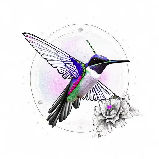 colibri en un circulo de flore con el nombre maria colorido   tattoo design idea
